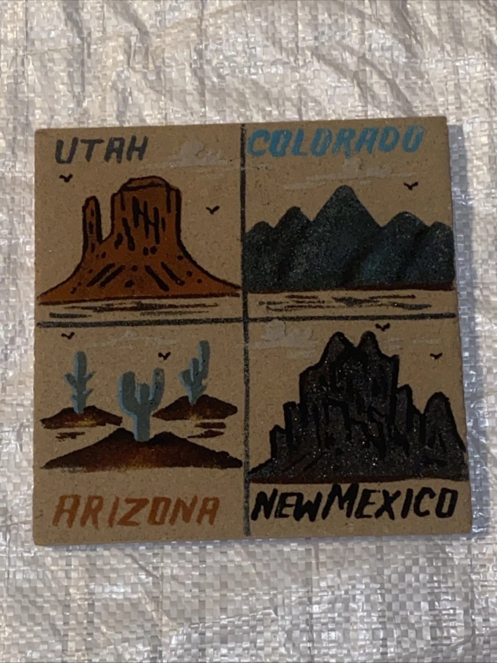Lyn Elwood Navajo Four Corners Sand Art Plaque Vintage Native American